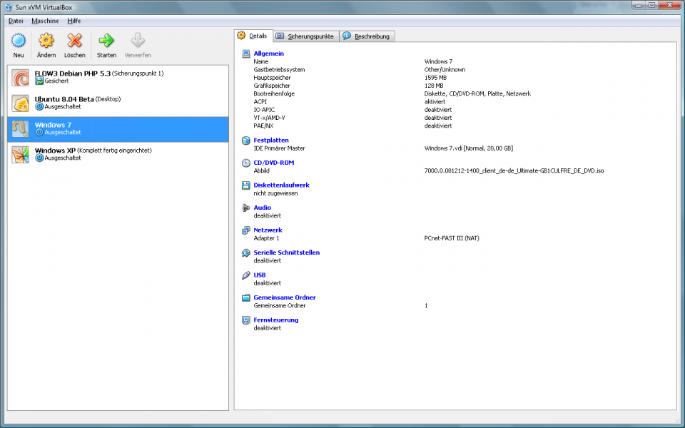 VirtualBox Einstellungen