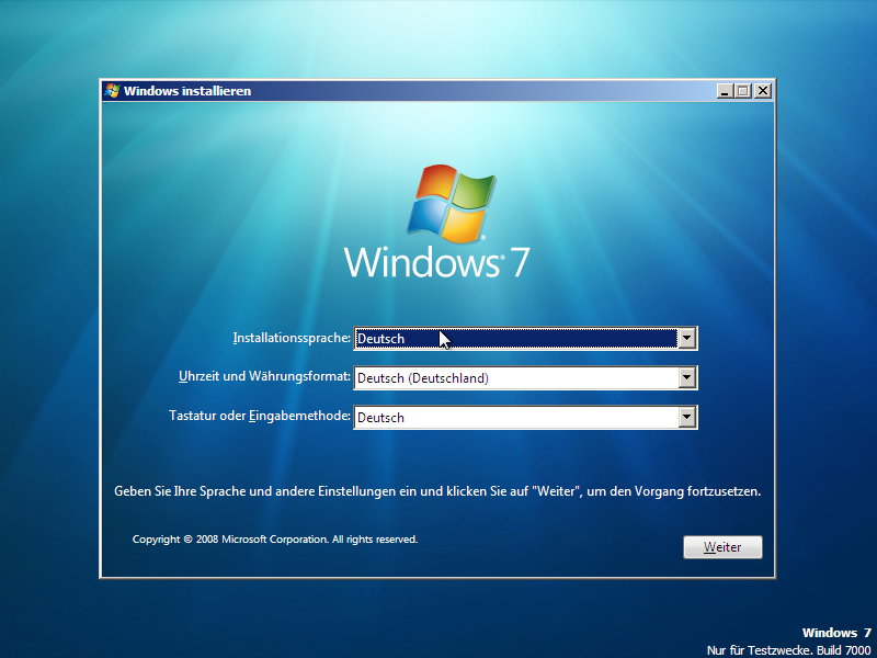 Der Installationsbildschirm von Windows 7